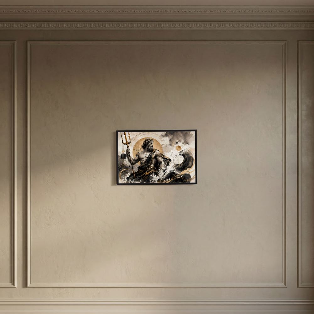 Poseidon-Poster mit Dreizack im Schwarz-Gold-Look, kleiner Druck im schwarzen Rahmen.