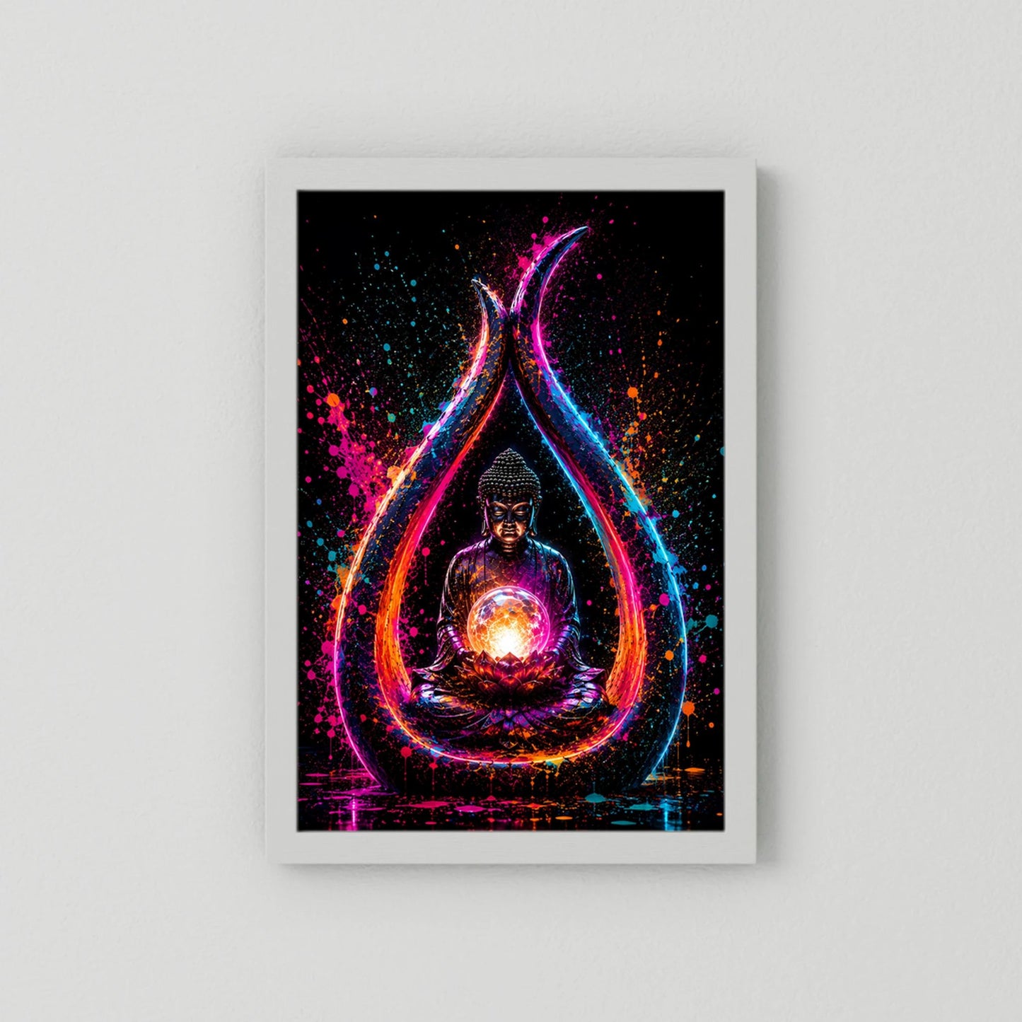 Buddha in Neonfarben | Meditation mit leuchtender Lotusblüte | Poster Hochformat