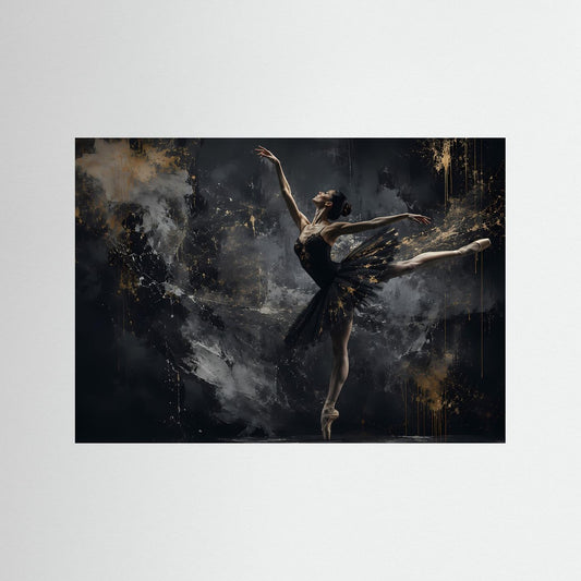 Poster mit tanzender Ballerina in Schwarz, goldene Akzente, schwarzer Rahmen