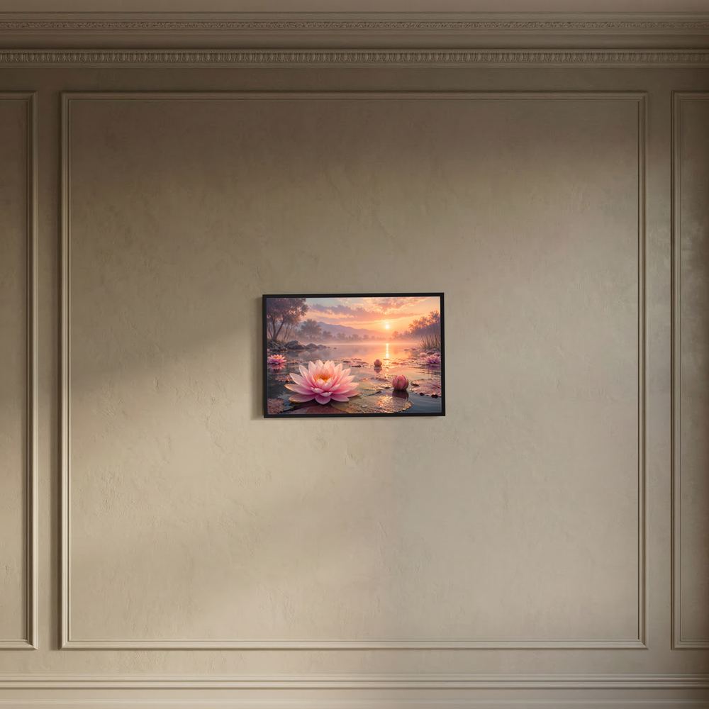 Wandposter im Querformat mit rosa Seerose am See bei Sonnenuntergang, dunkler Rahmen