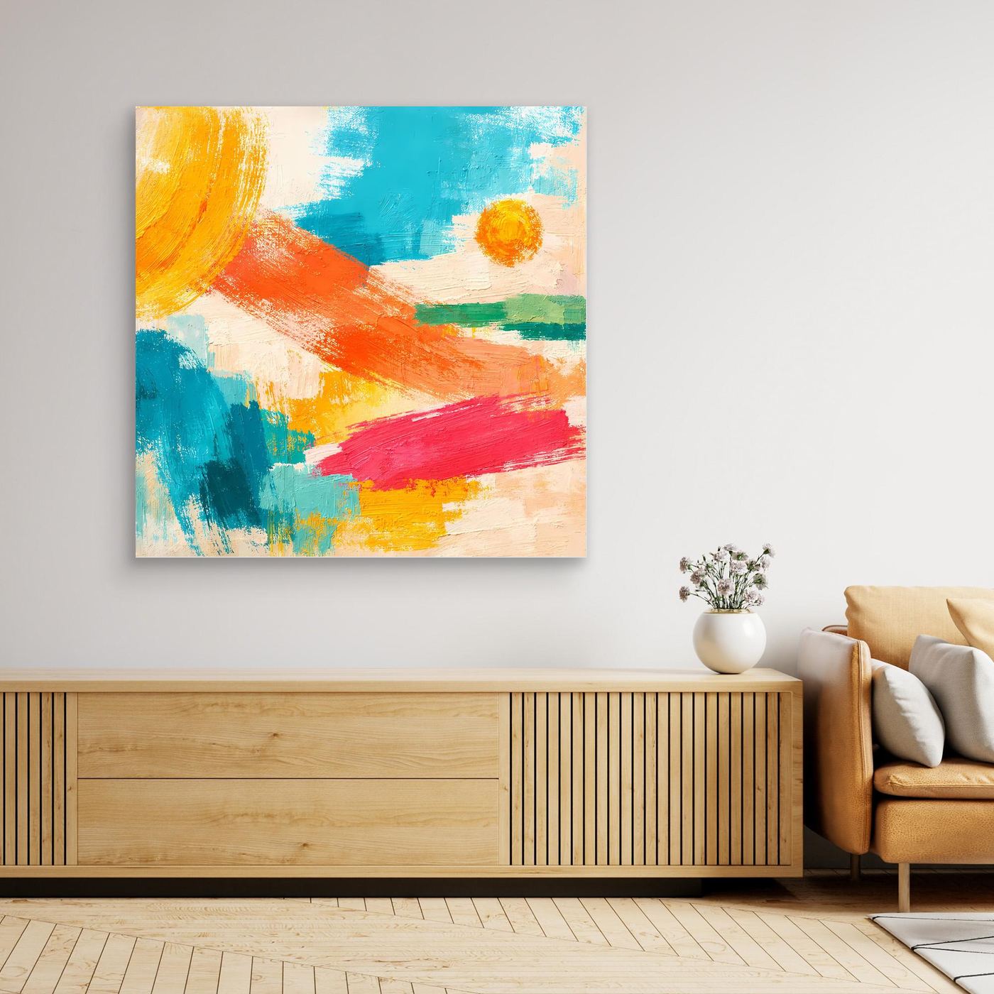 Unframed abstract wall art with blue, orange, pink, and yellow paint strokes