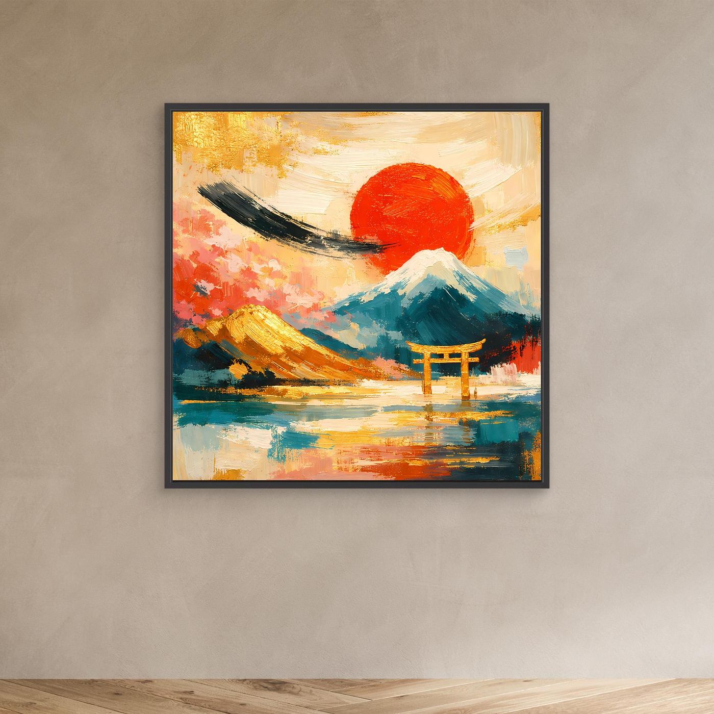 Leinwandbild mit Torii-Tor und Fuji, schwarz gerahmt, rote Sonne und Türkisflächen