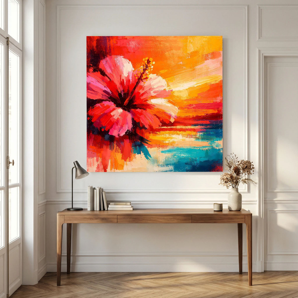 Hibiskusblüten-Abstraktbild auf Leinwand über Konsole, rote Blüte, orangefarbener Sonnenhimmel