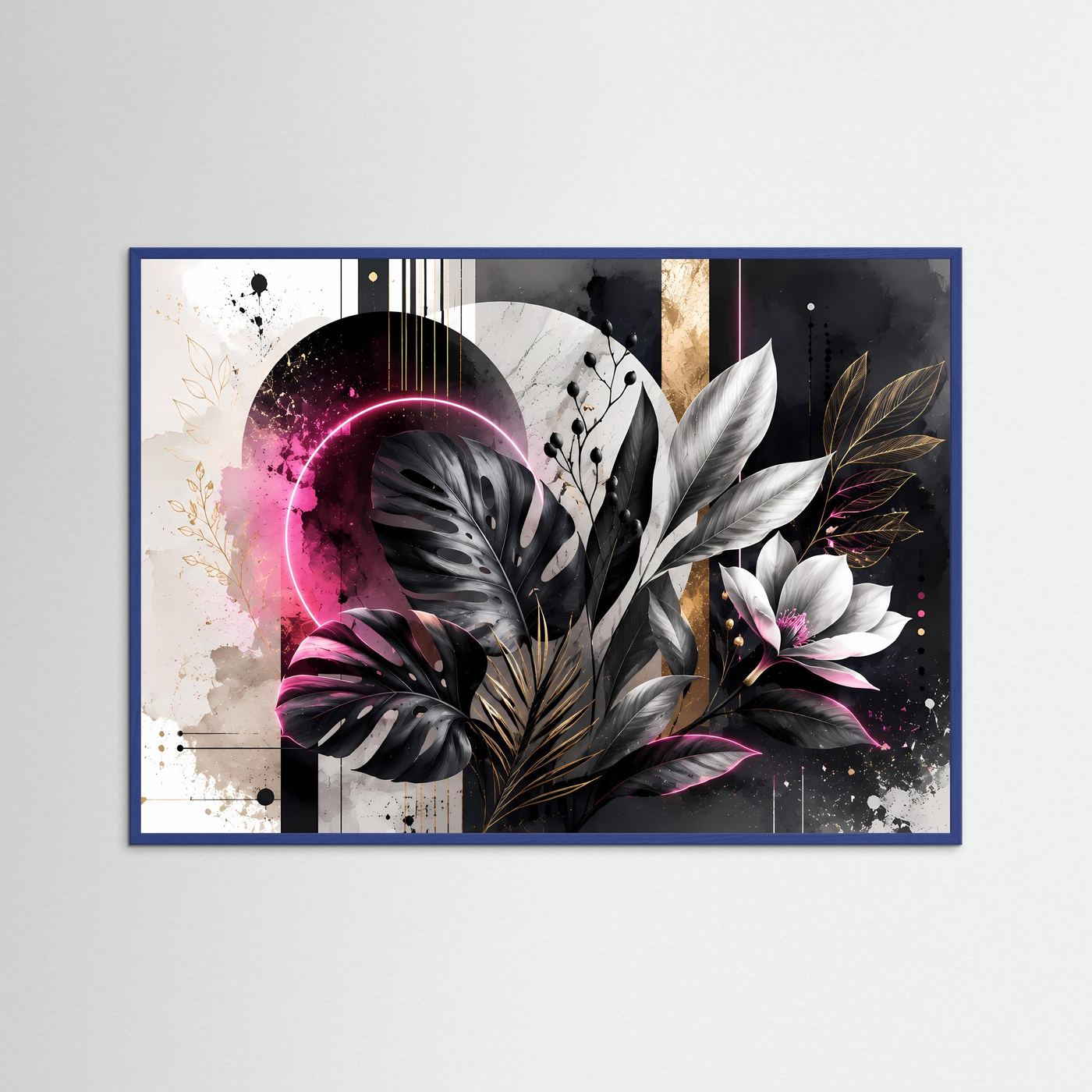 Abstrakte Botanik in Schwarz, Weiß & Pink | Monstera mit Neon & Gold – Moderne Wandkunst