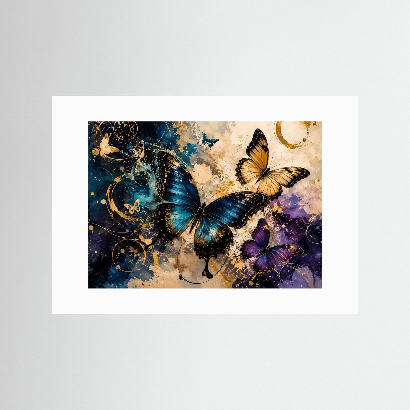 Wandbild ohne Rahmen mit weißem Rand und drei Schmetterlingen in Blau und Violett