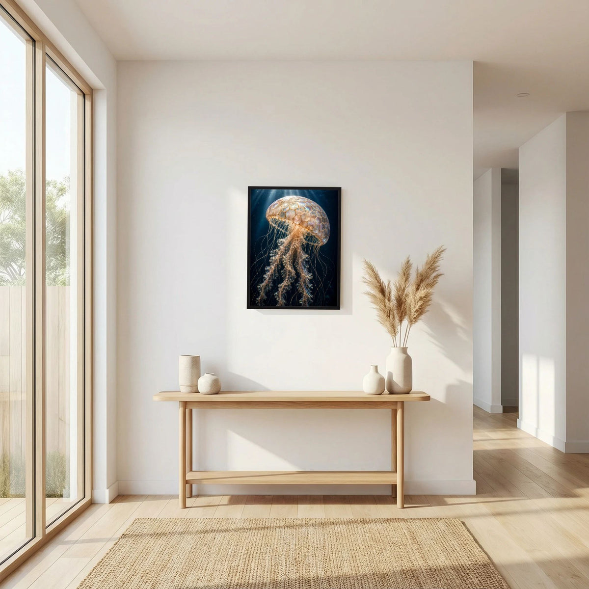 Hochformat-Poster mit goldener Qualle, Perlmutt-Töne, schwarzer Rahmen