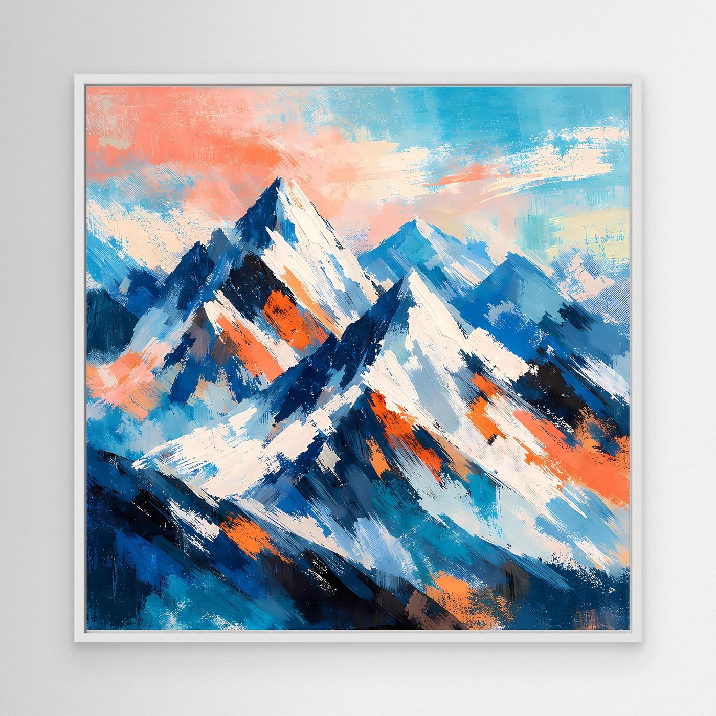 Abstraktes Leinwandbild Schneeberge, weiß gerahmt