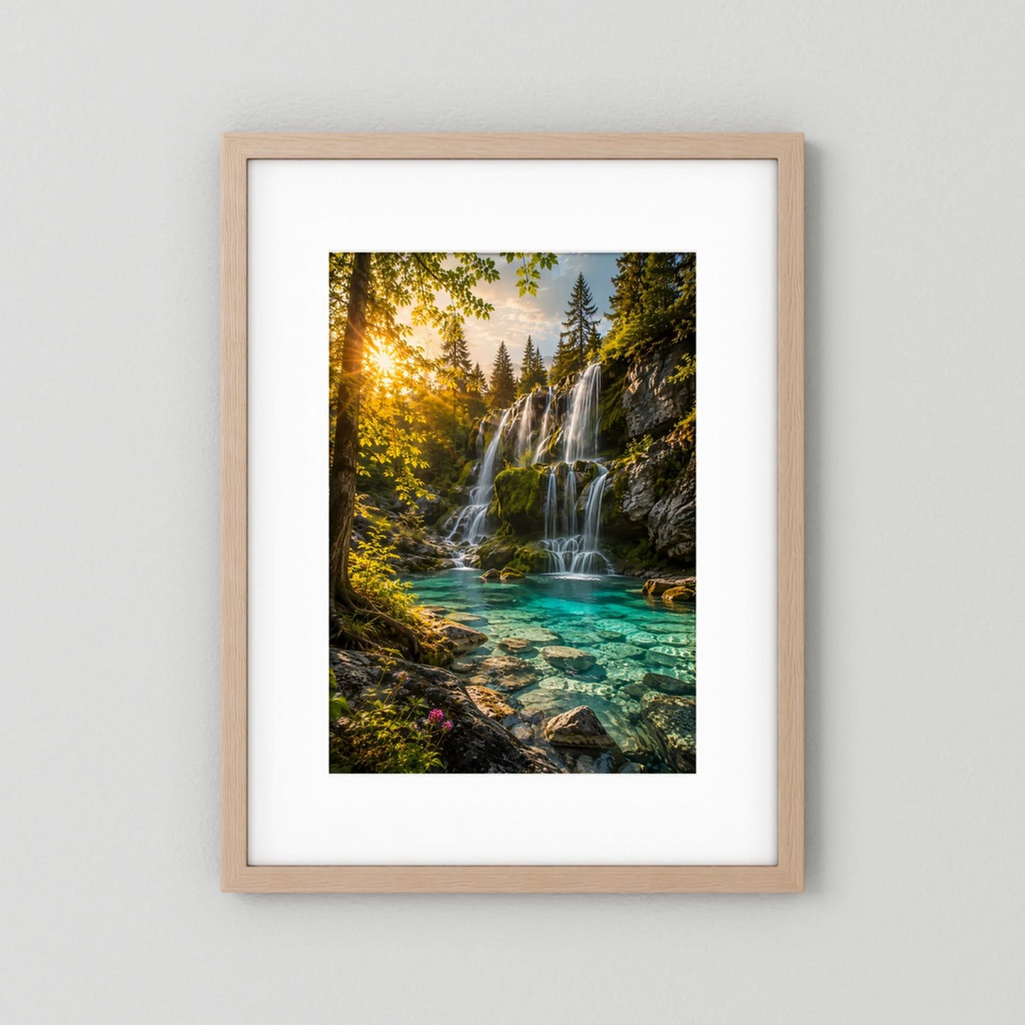 Wasserfall-Poster mit hellem Holzrahmen und weißem Passepartout, türkisfarbenes Wasser