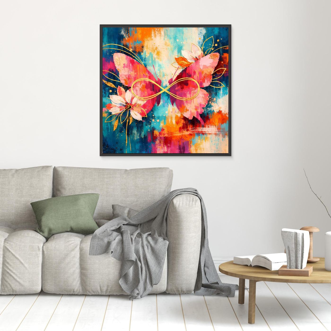 Abstraktes Leinwandbild mit Schmetterlingen, Blüten und Unendlichkeitszeichen, mit dunklem Rahmen.