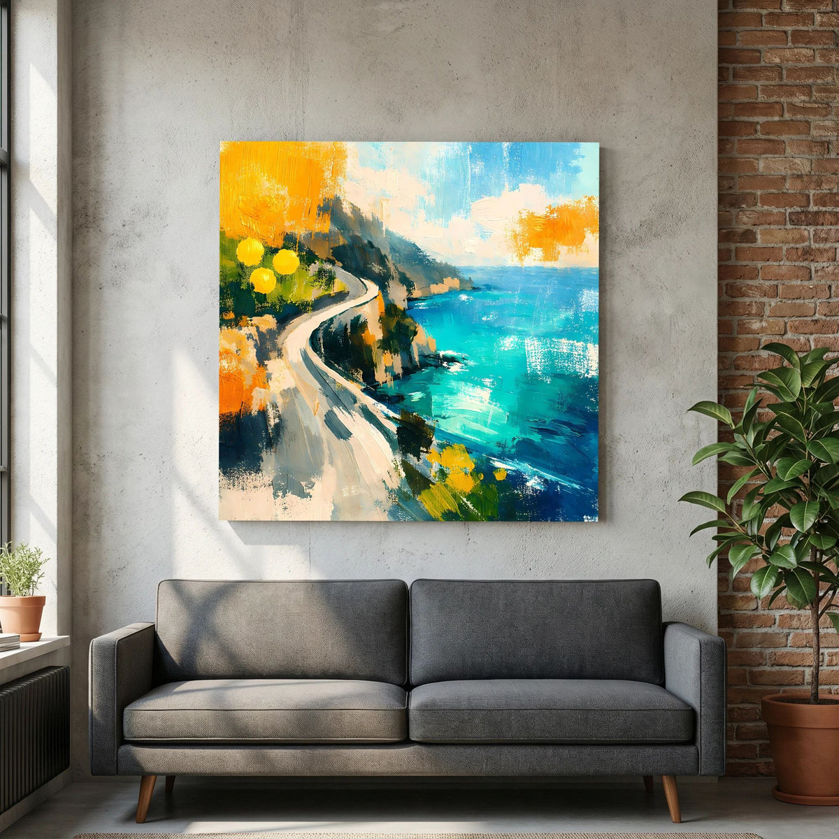 Abstraktes Leinwandbild mit Küstenstraße am Meer, türkisblauen Flächen und gelb-orangen Farbstrichen