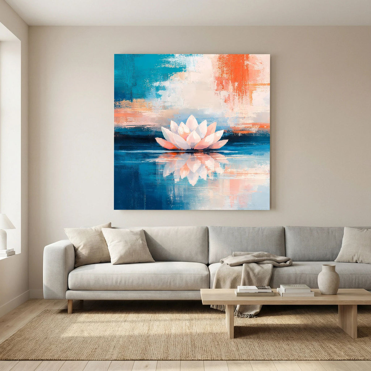 Leinwandbild: Seerosenblüte im abstrakten Gewässer, blau-orange Gestaltung mit Spiegelbild.