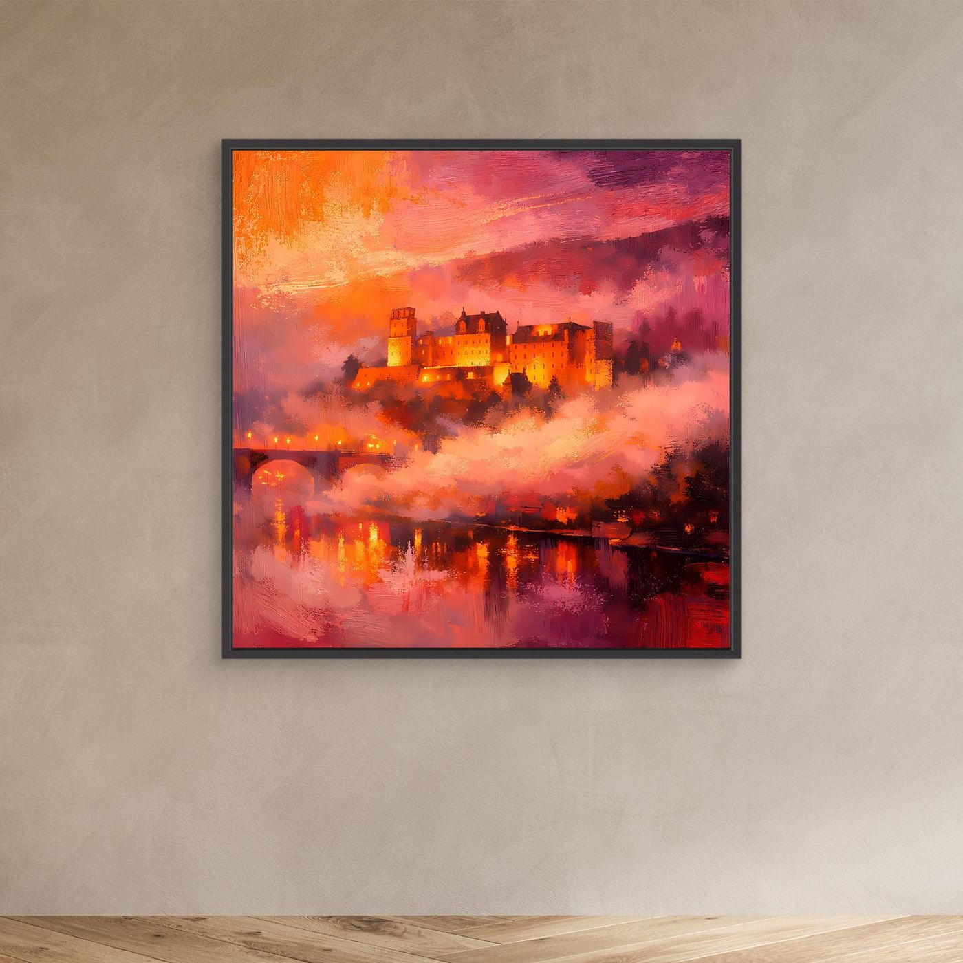 Premium Leinwand Imposantes Schloss im Abendrot | Abstraktes Castle Wandbild in feurigen Farben