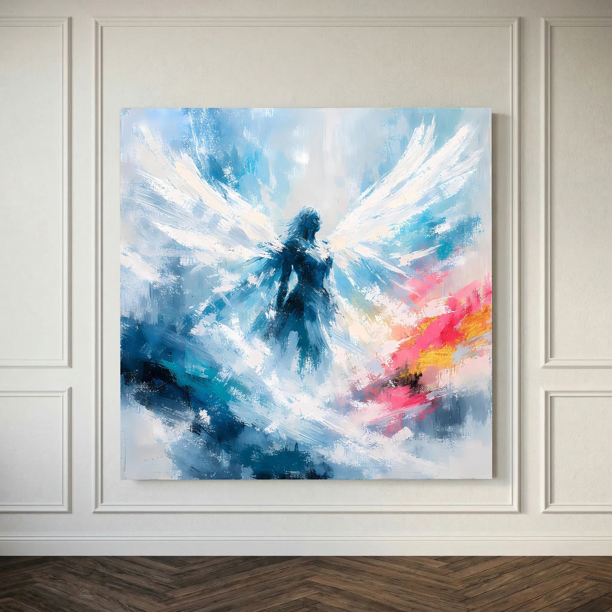 Quadratisches Leinwand-Wandbild mit abstraktem Engel in Blau, Weiß und rosafarbenem Farbschleier.