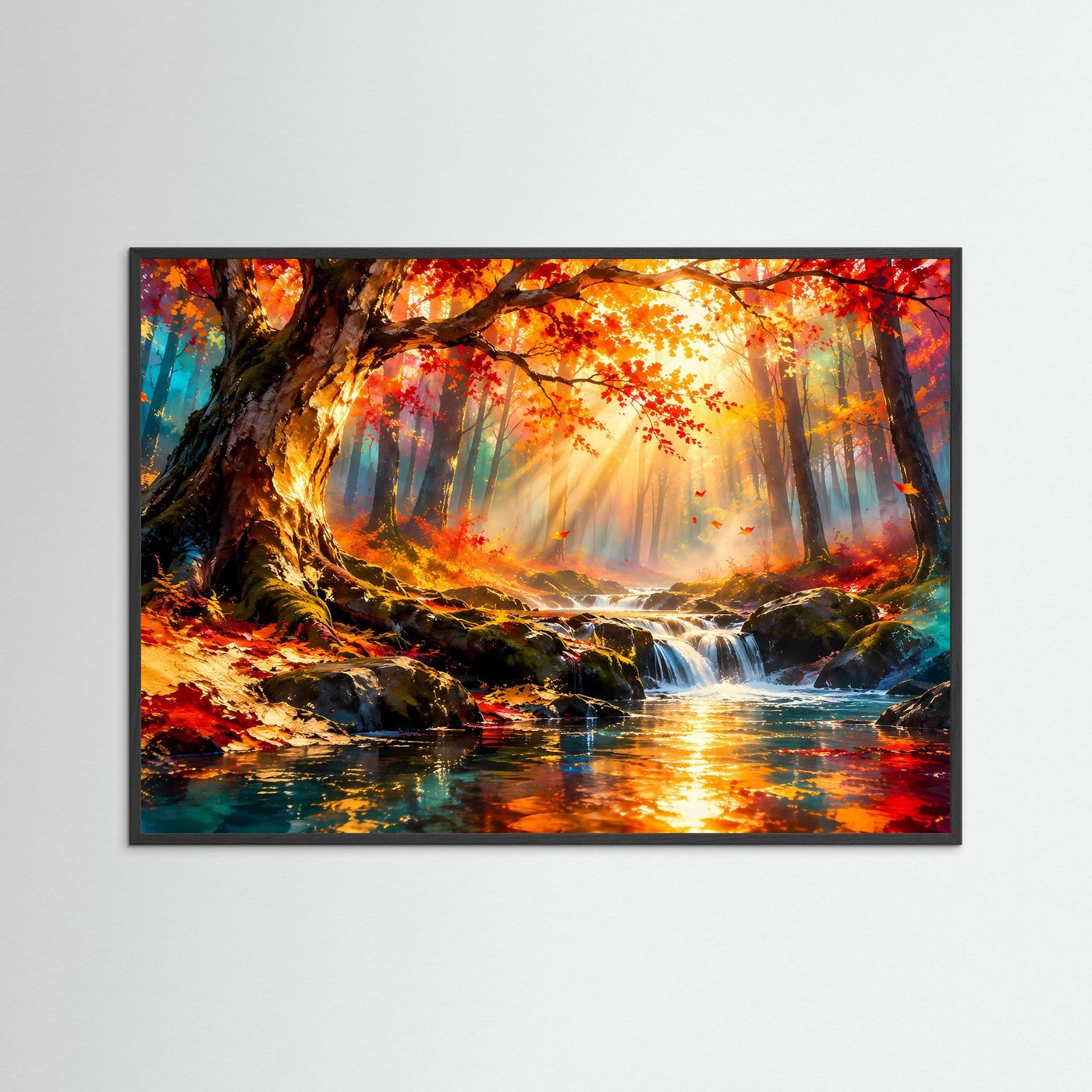 Wandposter mit schwarzem Holzrahmen: Herbstwald, Fluss und Sonnenstrahlen