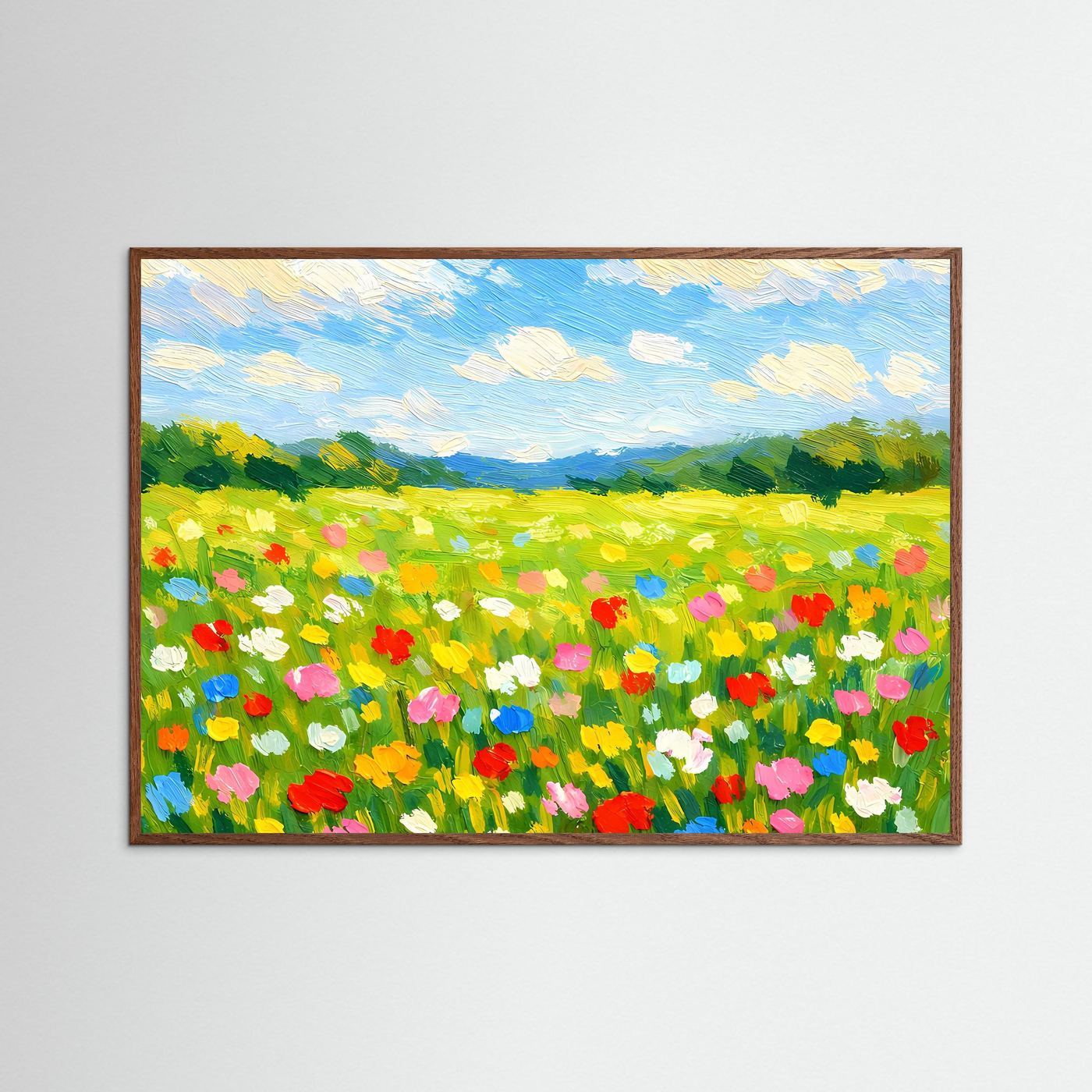 Wandbild Blumenwiese mit bunten Blüten und blauem Himmel, dunkler Holzrahmen