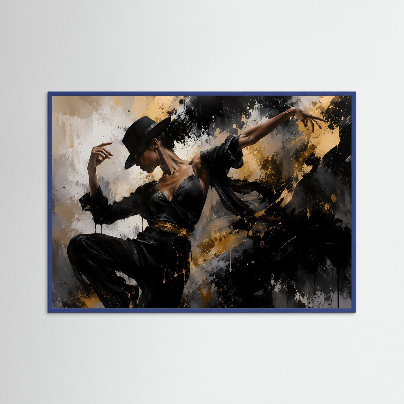 Querformat-Poster einer Tänzerin in Schwarz, blau gerahmt mit abstrakten Gold- und Dunkelflächen