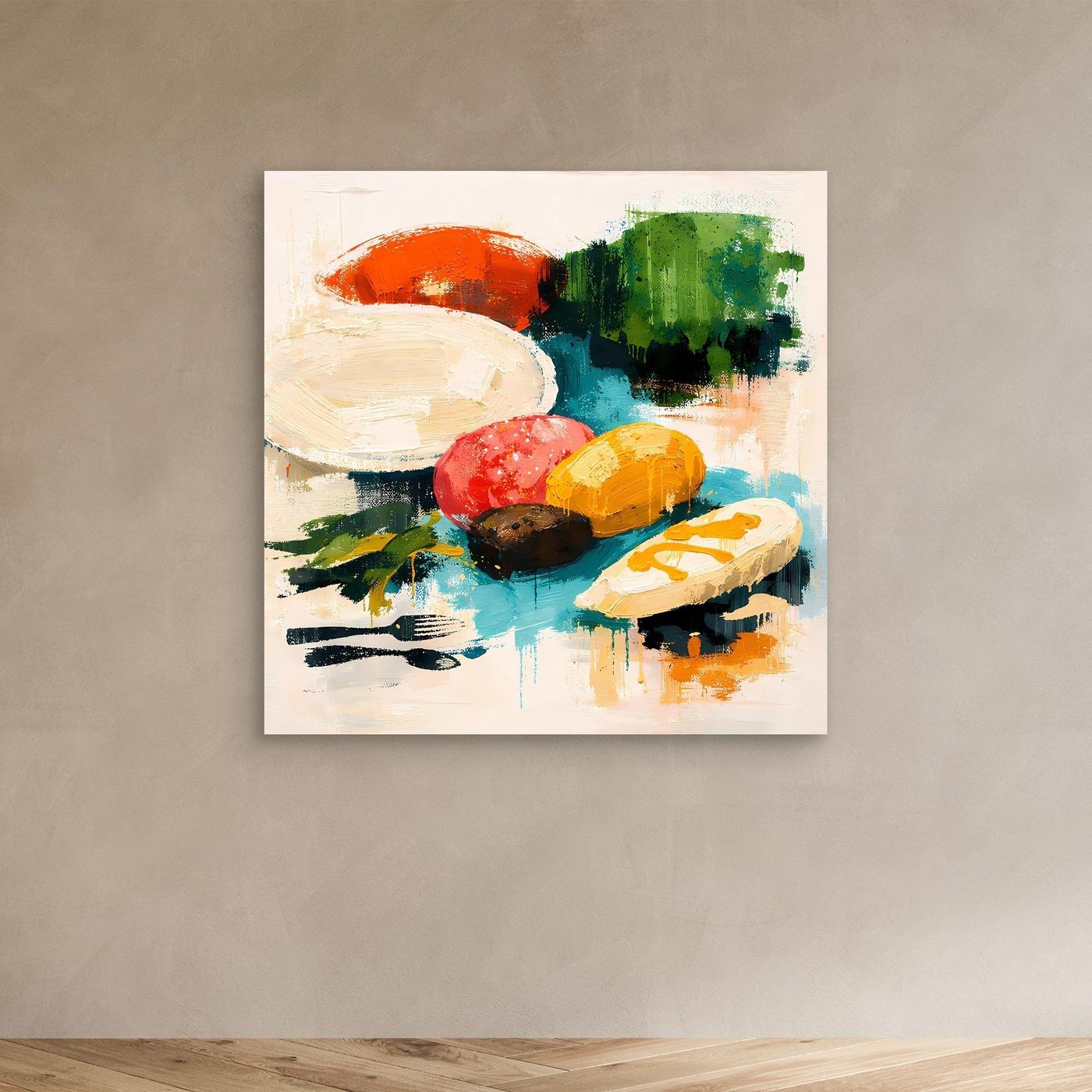 Abstraktes Leinwand-Wandbild mit Pinselstrich-Optik und farbigen Lebensmittelmotiven, ohne Rahmen