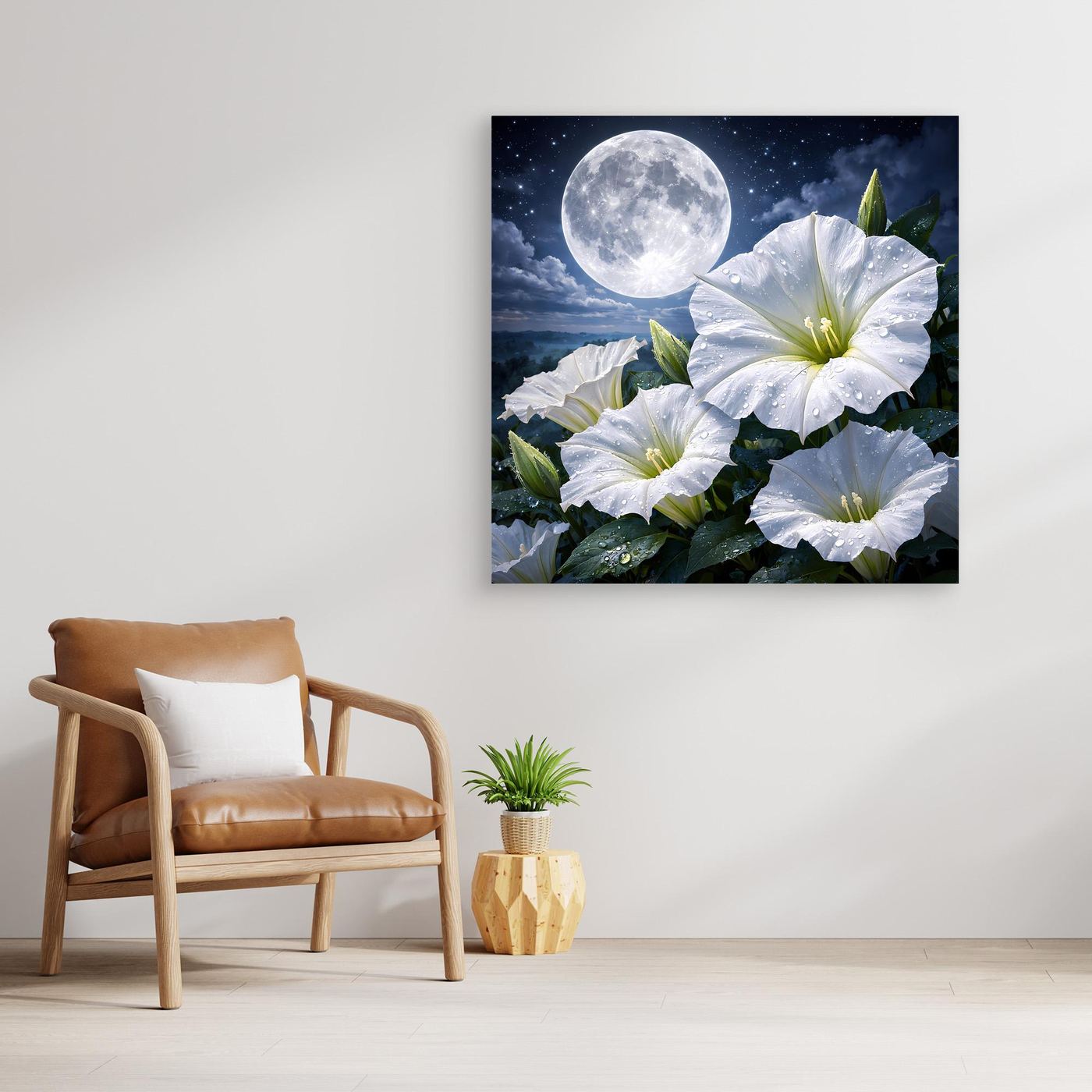 Leinwand-Wandbild mit dunklem Rahmen: weiße Blüten und Vollmond