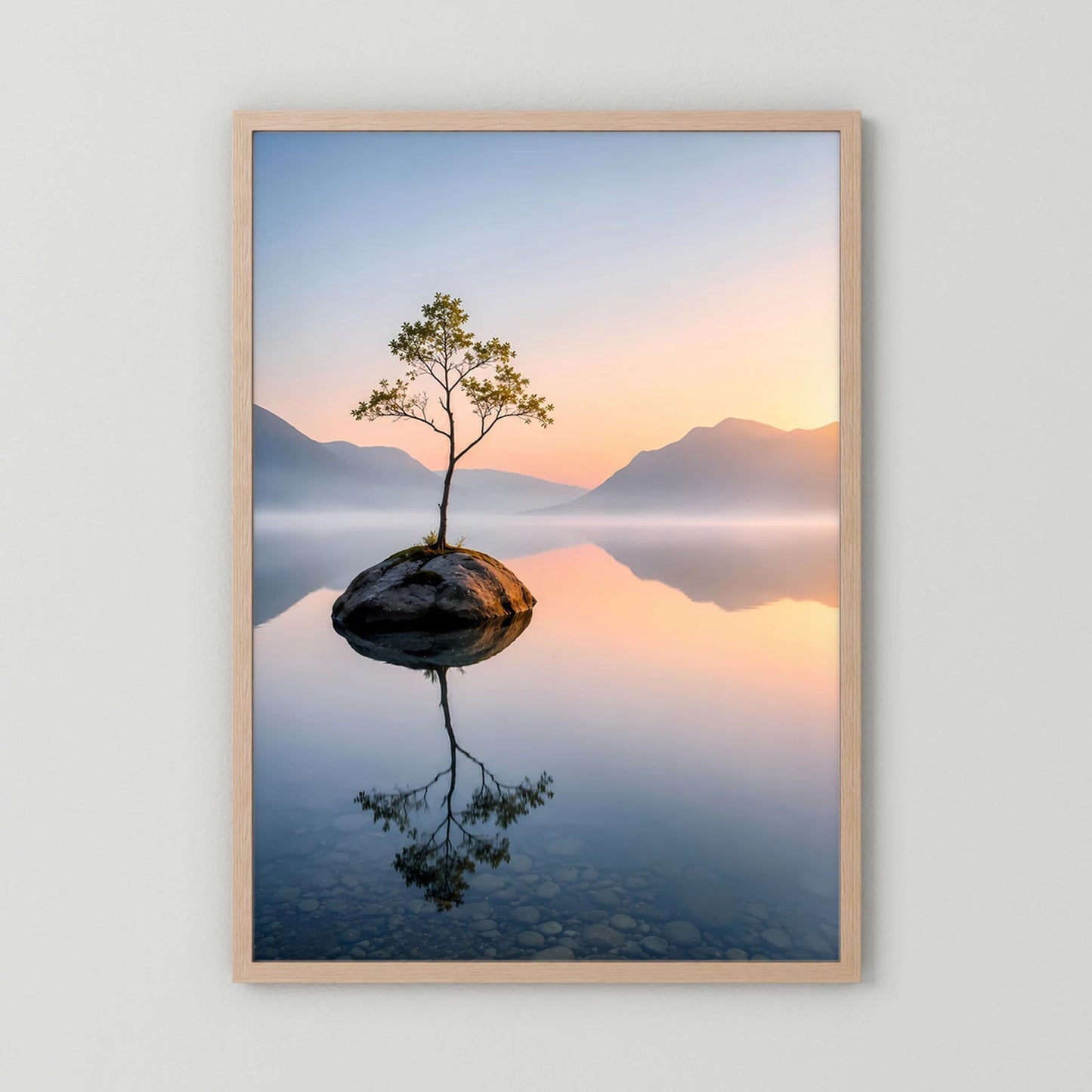 Hellbraun gerahmtes Hochformat-Kunstposter mit Baum auf Fels im Bergsee bei Dämmerung.