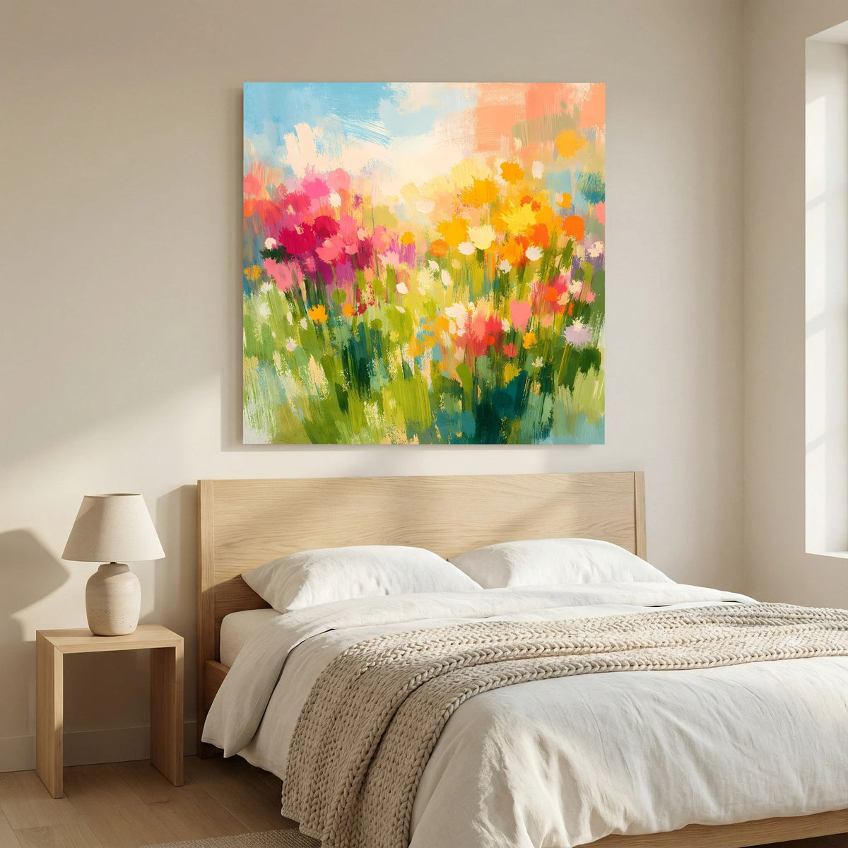 Leinwandbild mit abstrakten Wildblumen über Bett, bunter Farbverlauf, heller Holzrahmen