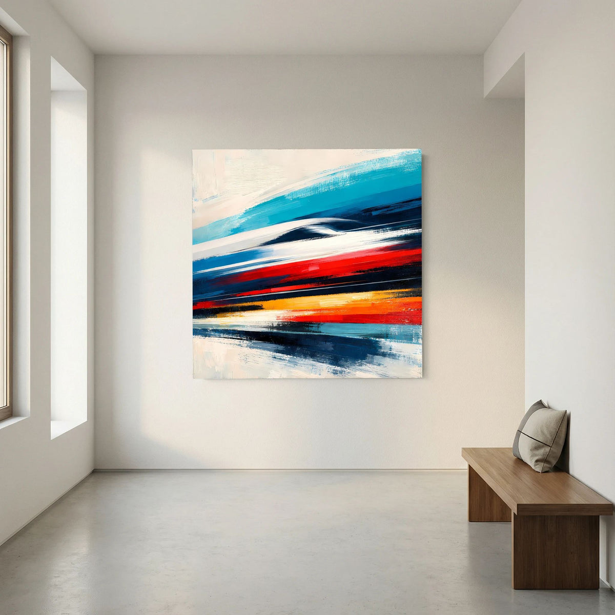 Abstraktes Leinwandbild mit blauen, roten und orangefarbenen Farbstreifen und Pinselstrichen