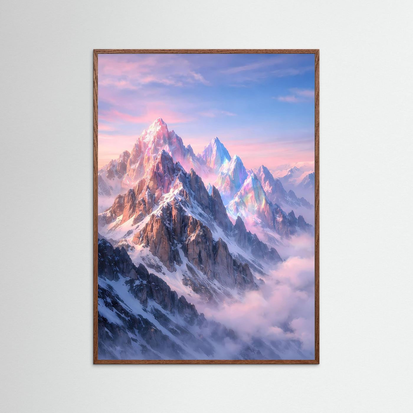 Fantasy-Bergposter mit kristallklaren Gipfeln in Pastellrosa und Eisblau im braunen Holzrahmen