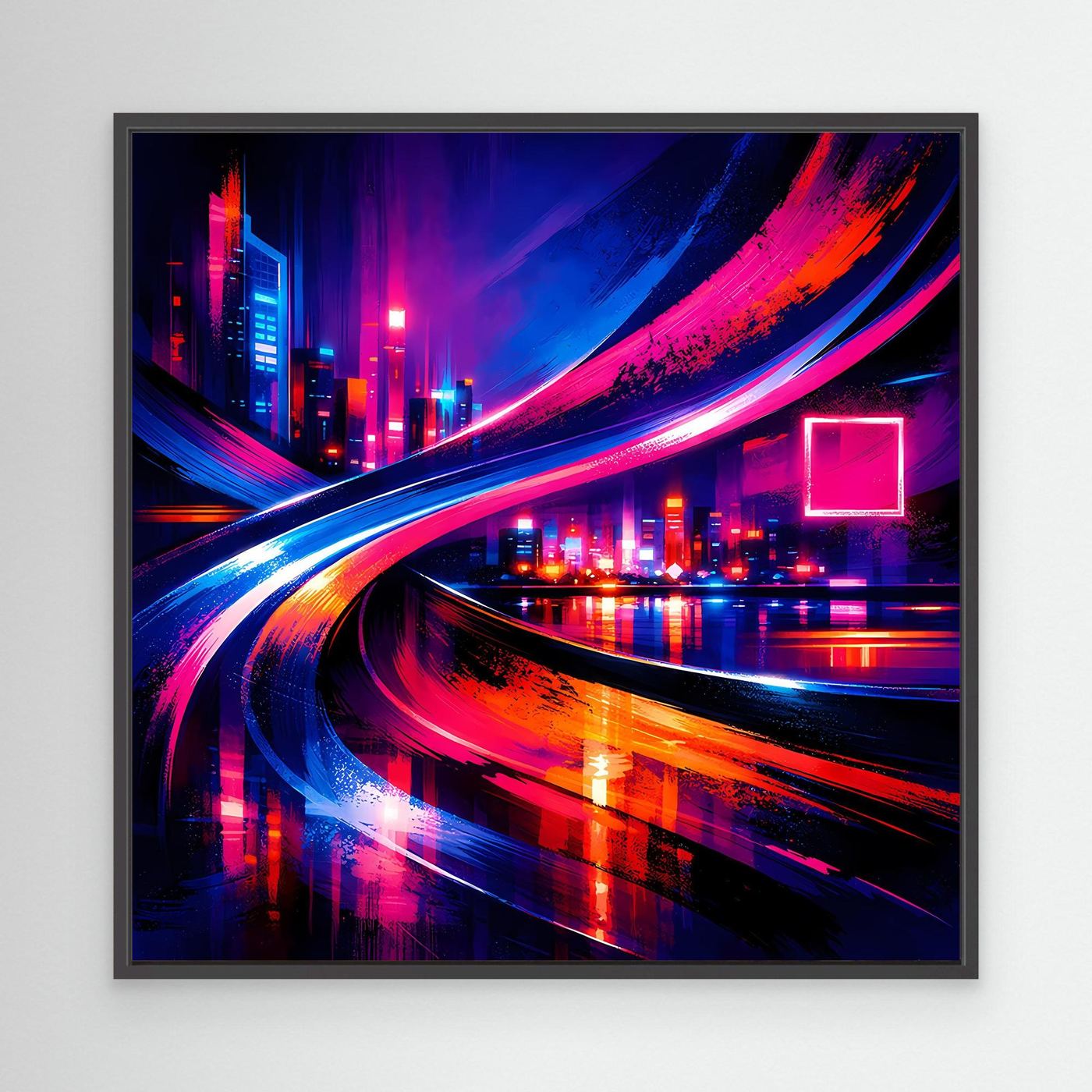 Leinwandbild mit schwarzem Rahmen, Cyberpunk-Neon-Skyline und farbigen Lichtspuren