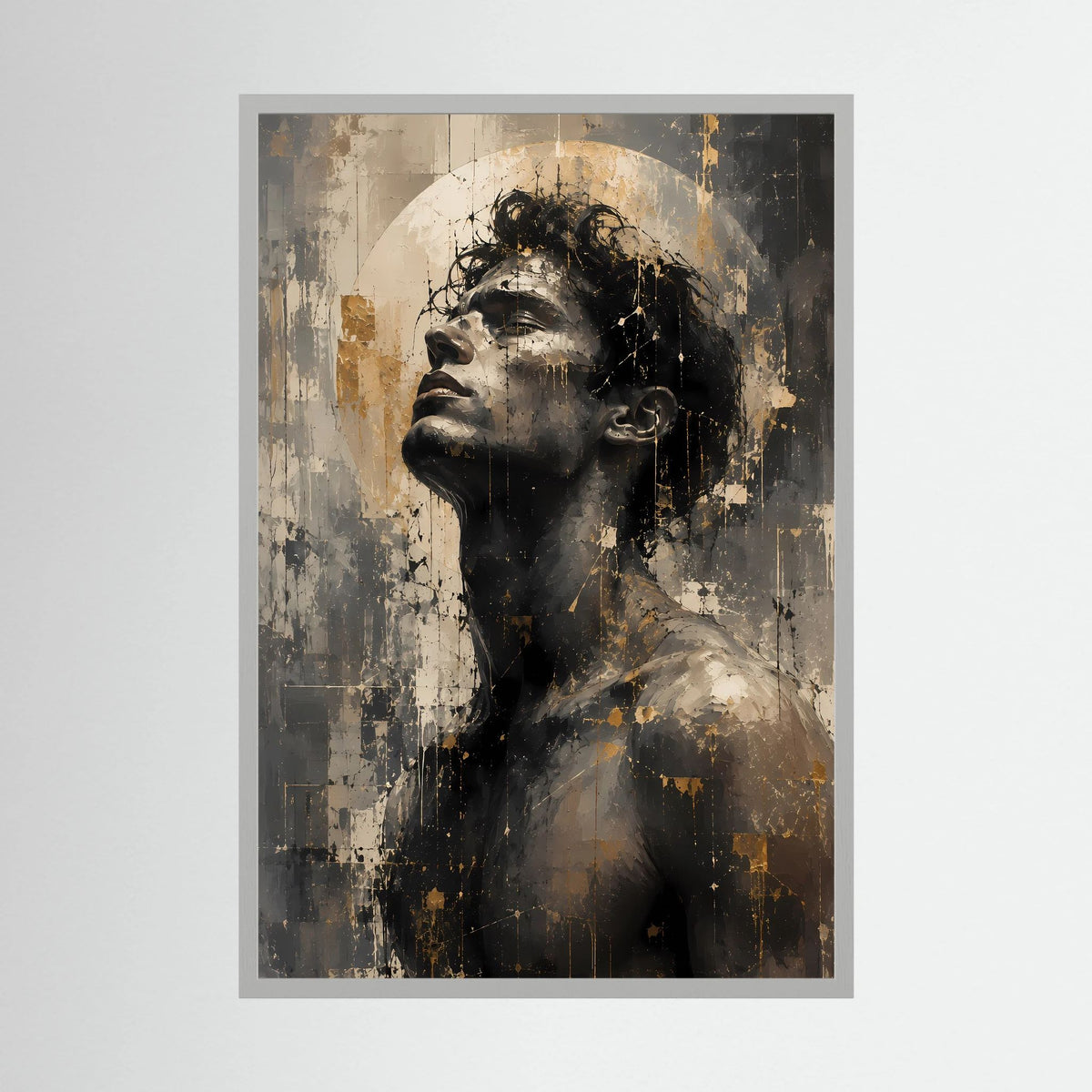 Hochformat-Poster mit abstraktem Frauenporträt, Schwarz-Gold-Beige, mit heller Einfassung