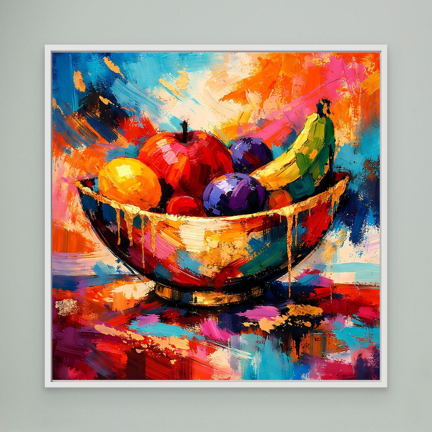 Leinwandbild mit abstrakter Obstschale in bunten Farben, weiß gerahmt