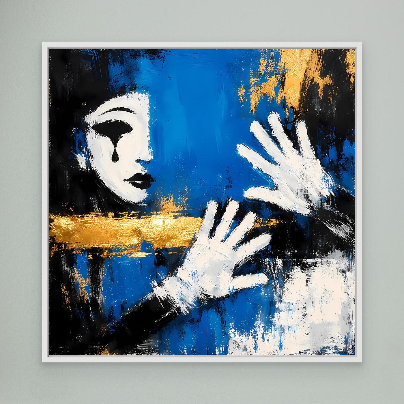 Leinwand Melancholischer Mime in Blau | Abstraktes Pierrot Wandbild Gold