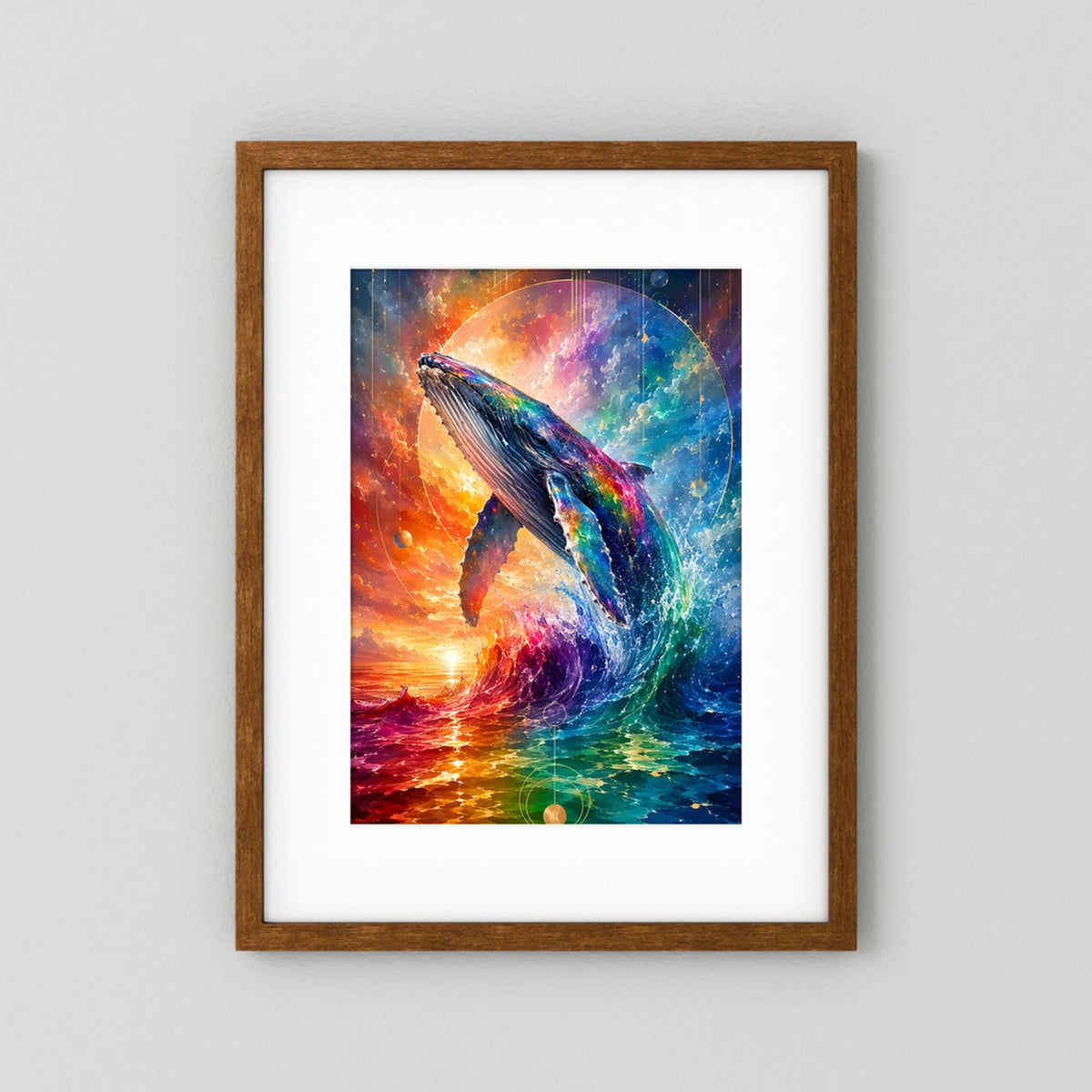 Poster im Hochformat: bunter Wal und Ozean, im braunen Holzrahmen
