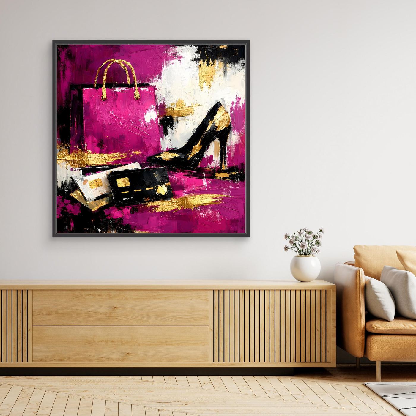 Leinwand Abstraktes Fashion Wandbild in Pink und Gold | Modernes High Heels & Shopping Gemälde