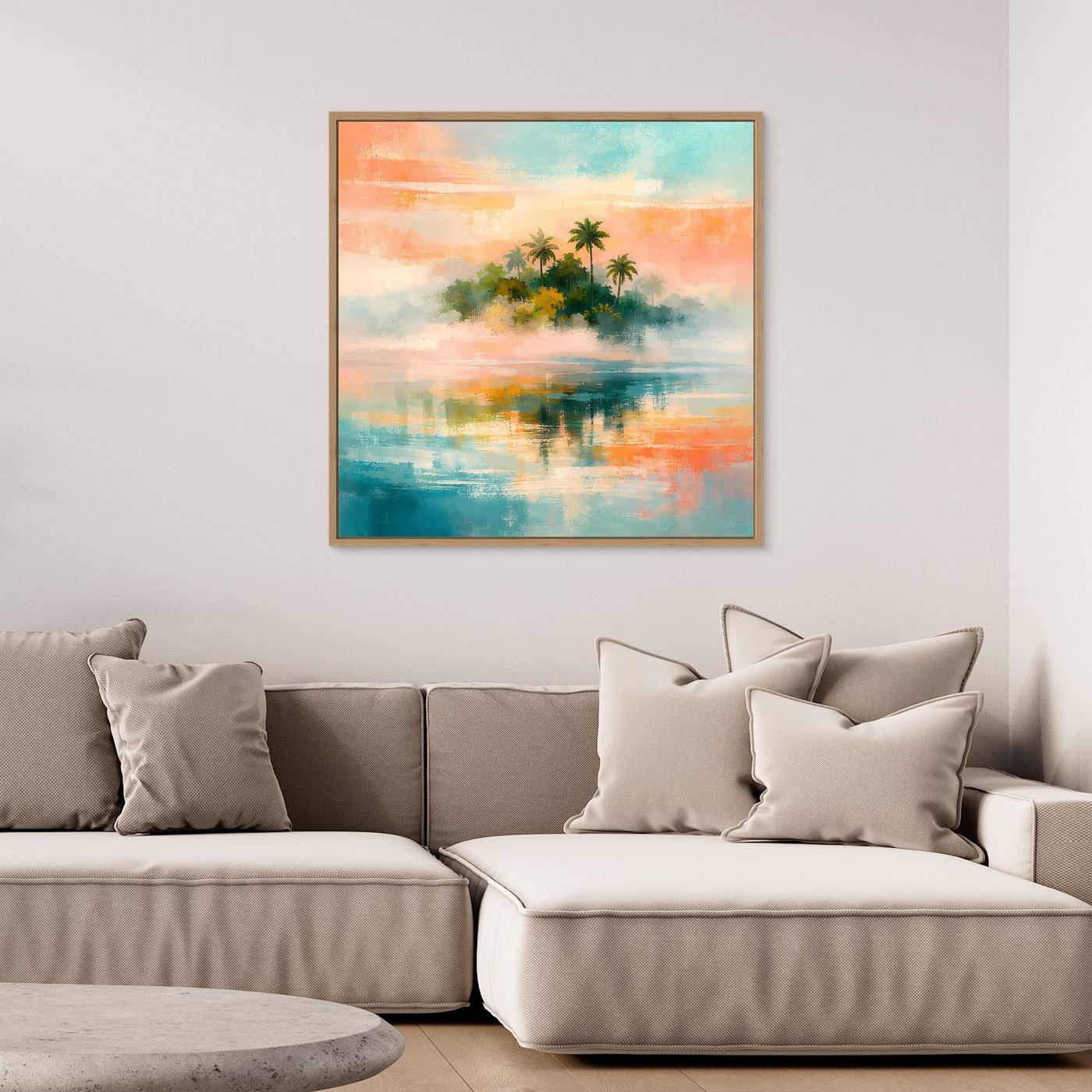 Wandbild mit abstraktem Tropenmotiv: Palmen und Meer, mit goldfarbenem Rahmen