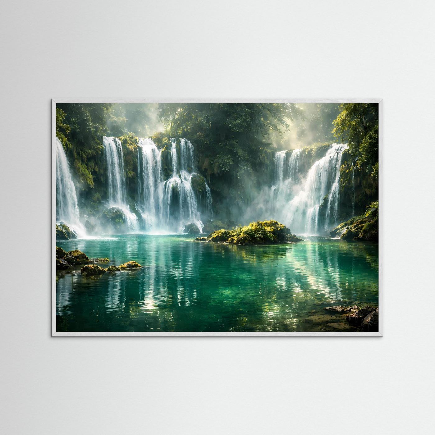 Idyllische Wasserfälle im Dschungel | Türkiser See & Natur Poster Querformat