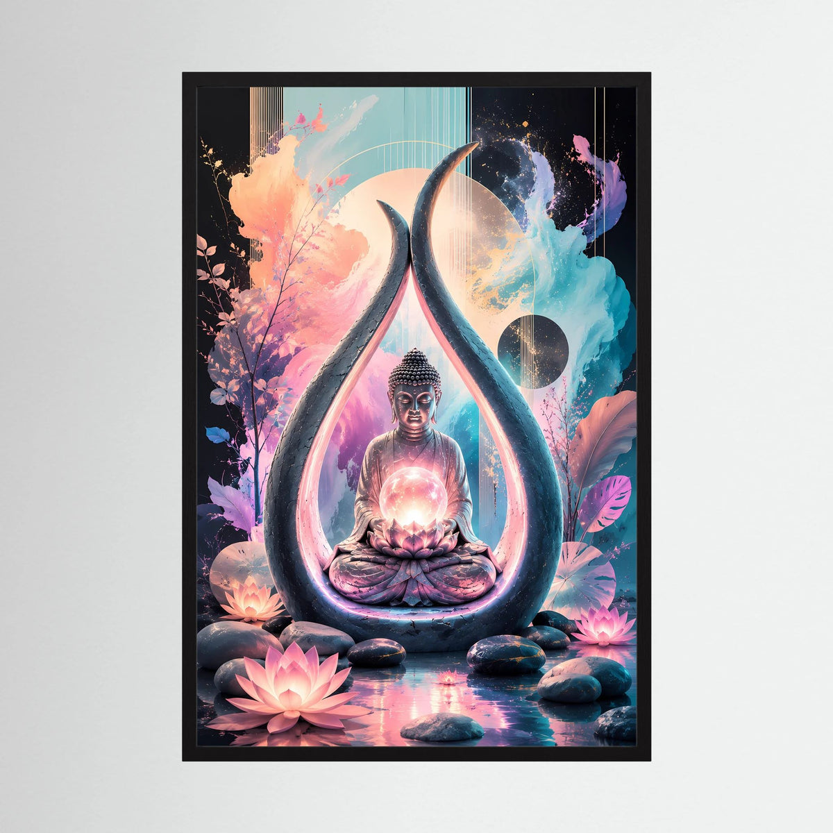 Hochformat-Poster: Buddha im Meditationssitz, Lotus-Design, schwarzer Rahmen