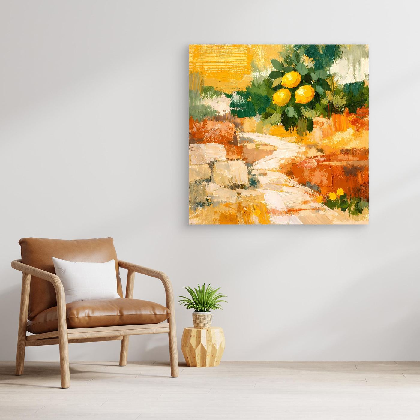 Leinwand Mediterraner Zitronenzweig im Sonnenlicht | Abstraktes Stillleben Wandbild