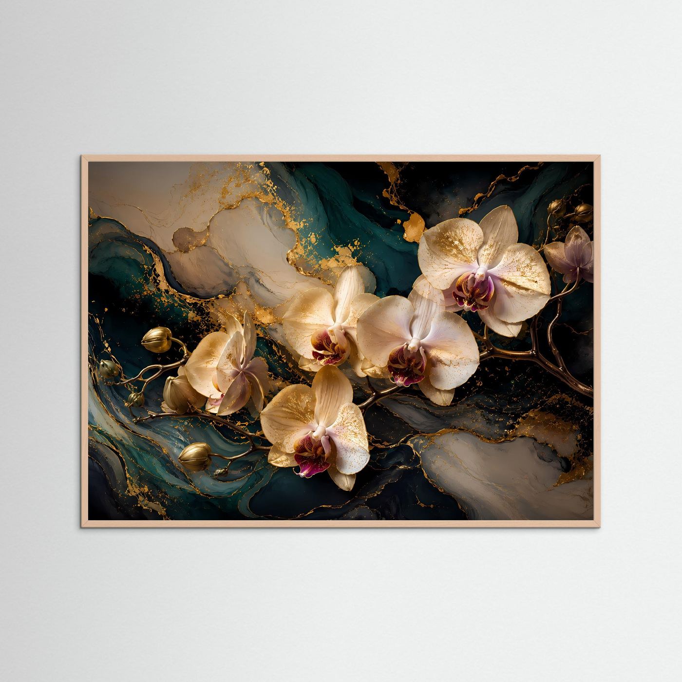 Gerahmtes Querformat-Poster mit beigen Orchideen, hellbrauner Holzrahmen
