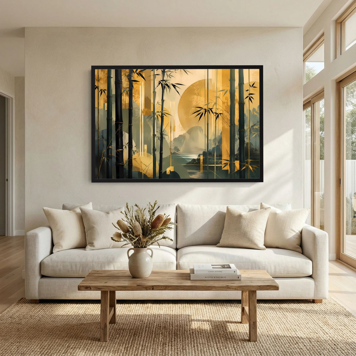 Bambuswald-Poster im Querformat, schwarz gerahmt mit goldenen Lichtern und Mond im Bild