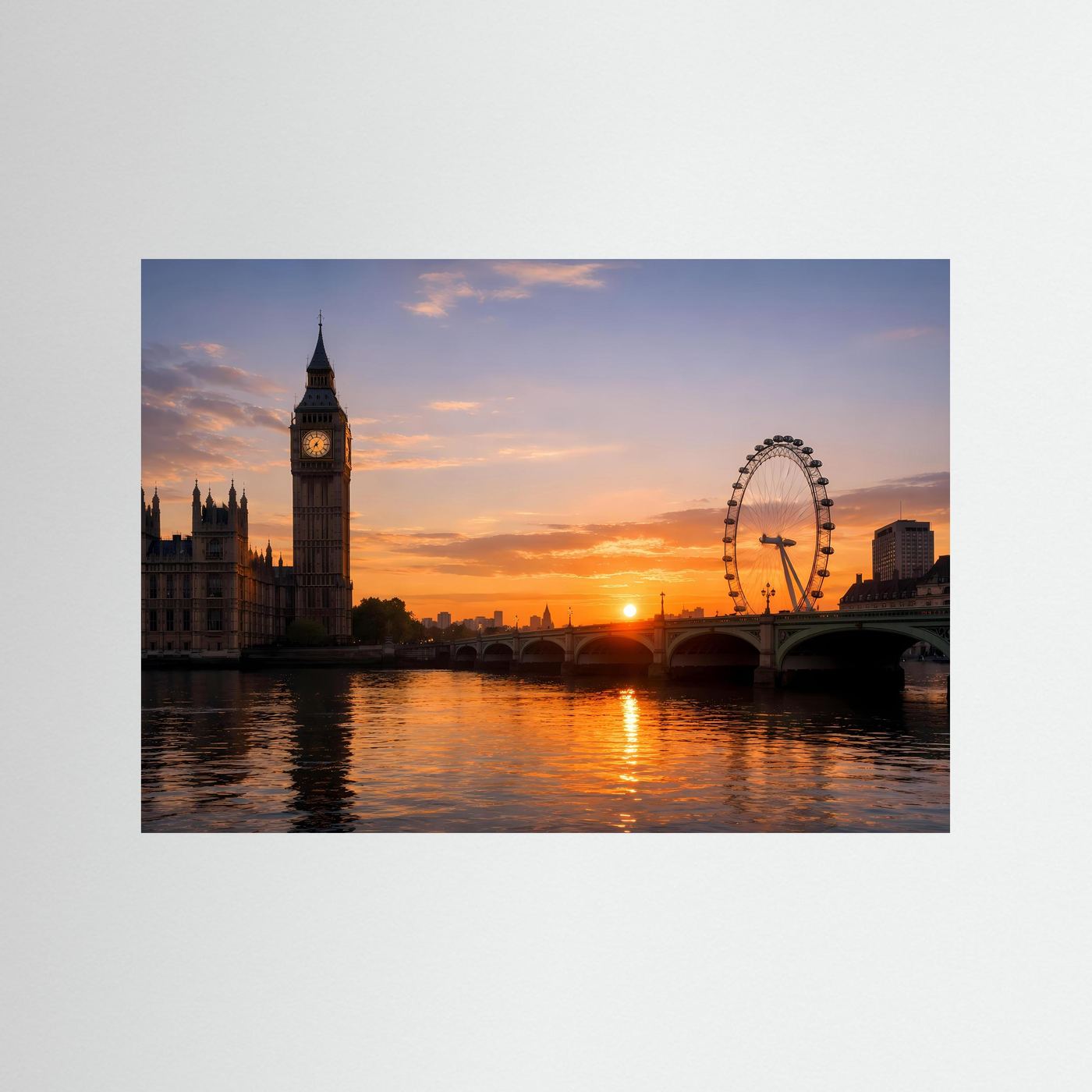 Panorama-Stadtposter mit Big Ben und London Eye bei Sonnenuntergang, ohne Rahmen