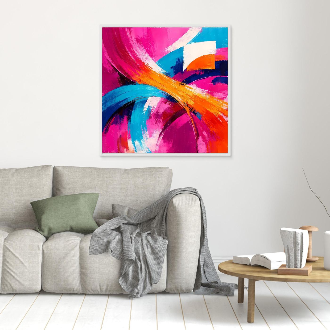 Quadratisches abstraktes Wandbild: magenta, blau, orange, türkisfarbene Bögen, hellgrauer Rahmen