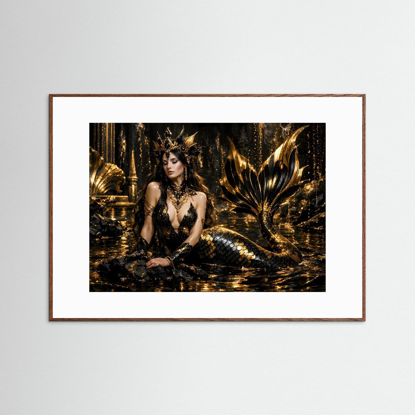 Goldene Meerjungfrau in Schwarz & Gold | Mystisches Fantasy Wandbild Querformat