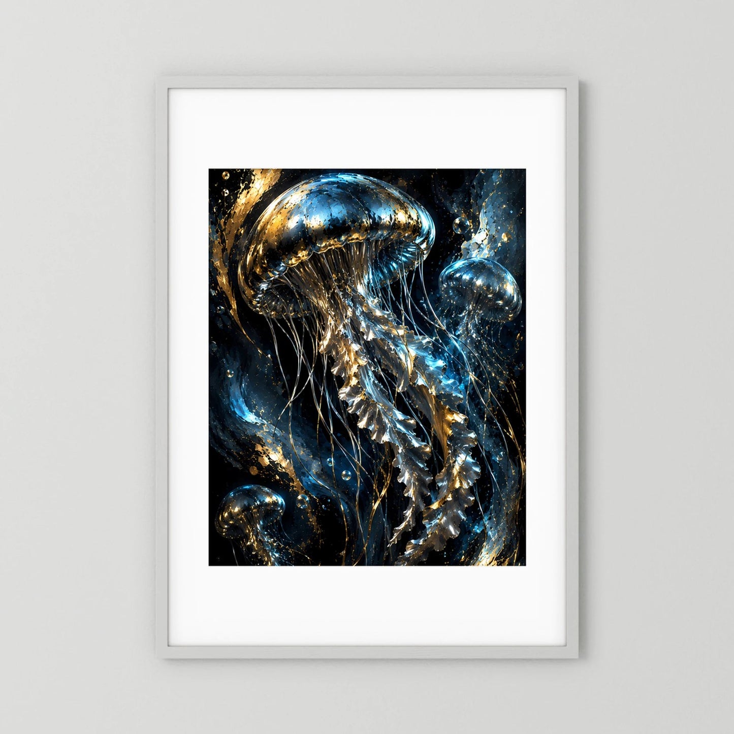 Poster im Hochformat mit goldenen und blauen Quallen in dunkler Unterwasseroptik