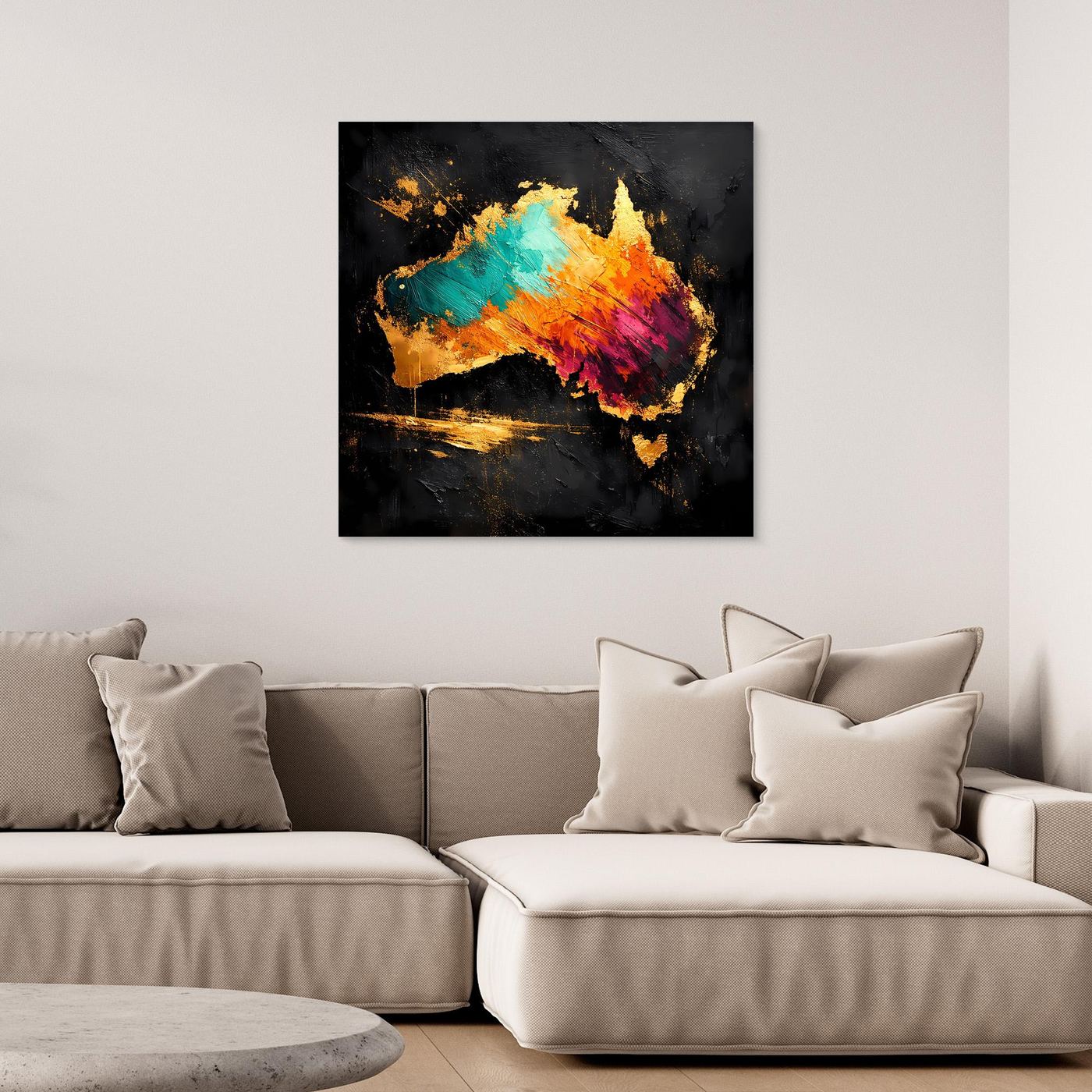 Leinwand Abstrakte Australien Karte in Gold und Türkis | Modernes Kontinent Wandbild