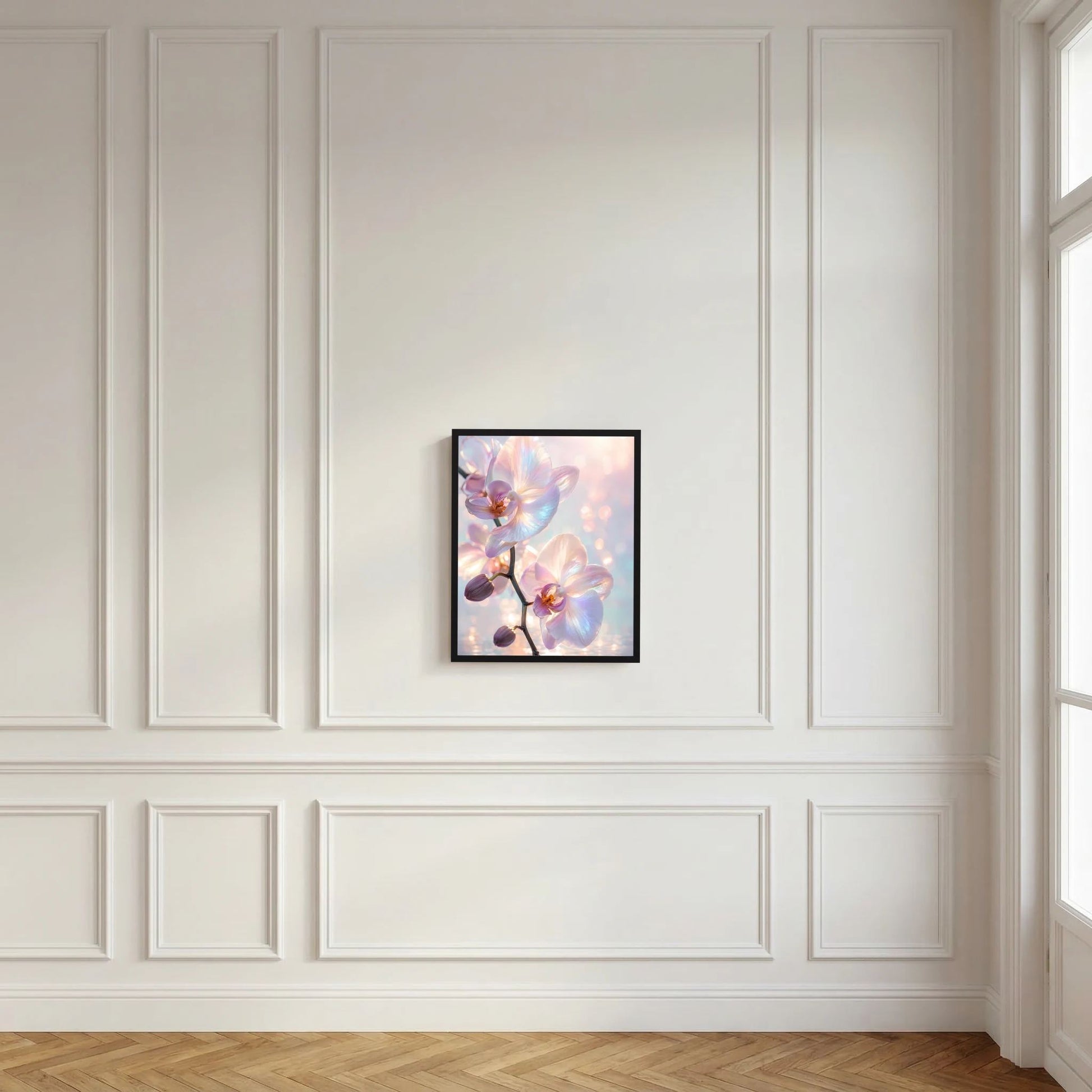 Gerahmtes Kunstposter mit Orchideenblüten in Pastellrosa und Hellblau, schwarzer Rahmen