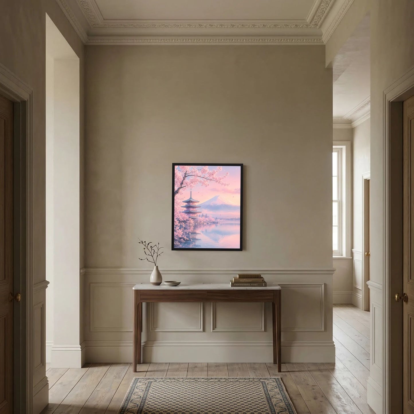 Gerahmtes Poster im Hochformat mit Kirschblüten, Fuji und Pagode in Pastellrosa