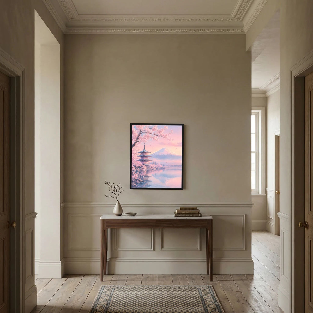 Gerahmtes Poster im Hochformat mit Kirschblüten, Fuji und Pagode in Pastellrosa