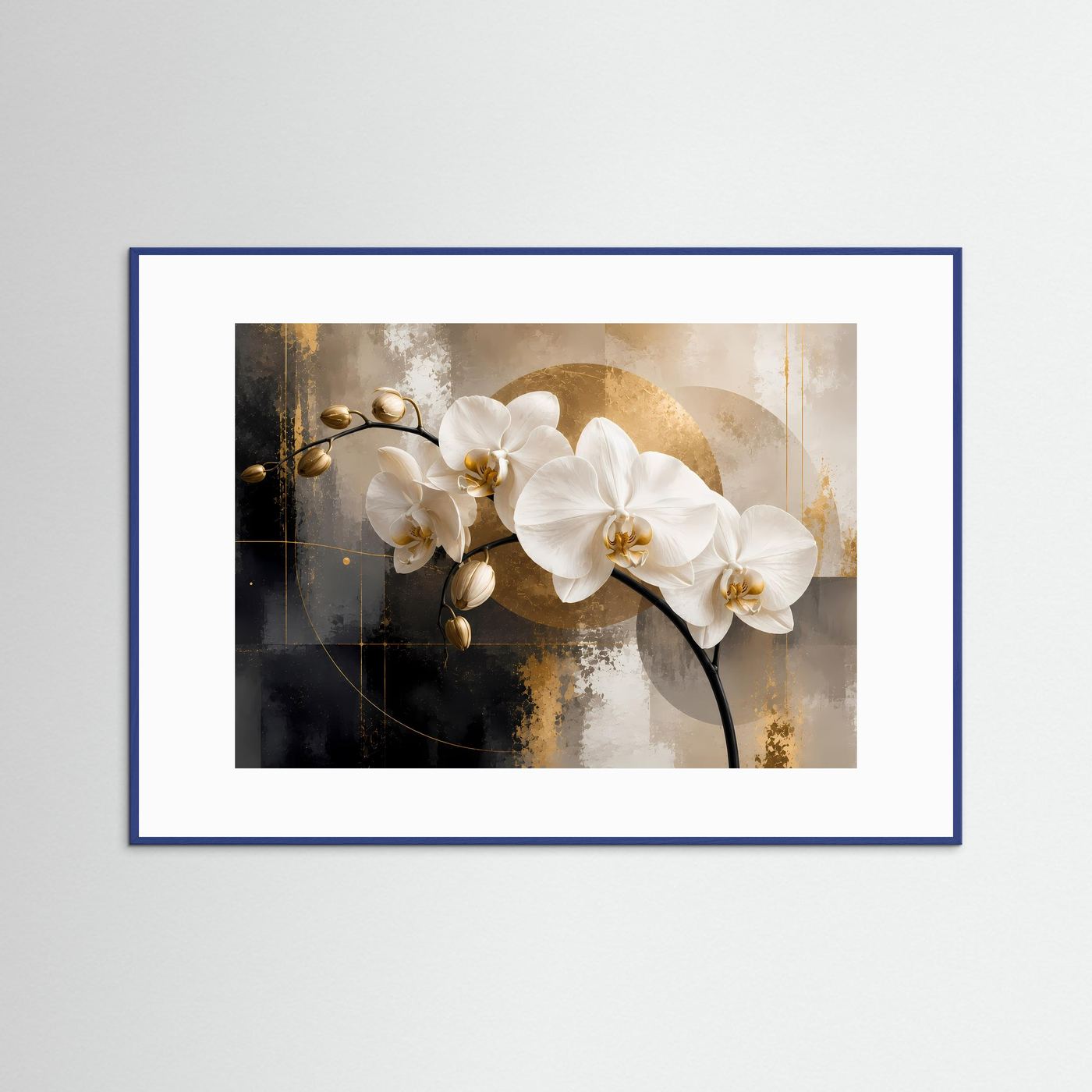Querformatiges Orchideenposter mit weißen Phalaenopsis im goldenen Kreis, blauer Rahmen