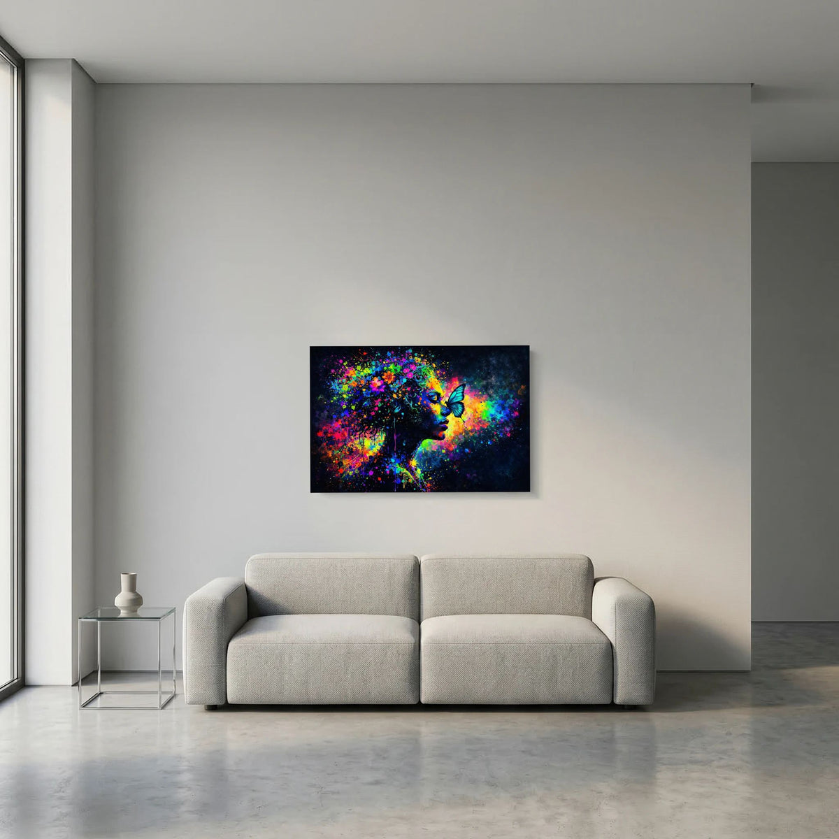 Kleines Querformat-Poster mit farbigem Portrait einer Frau und blauem Schmetterling, Farbspritzeroptik