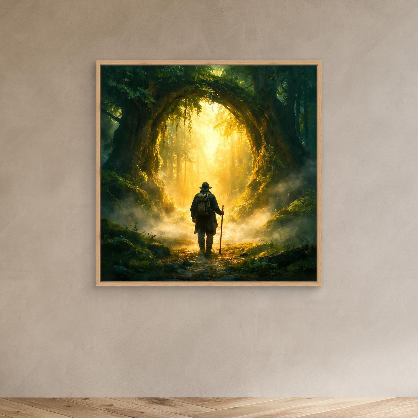Leinwand Mystischer Wanderer am Waldportal | Abstraktes Natur Zauberwald Wandbild