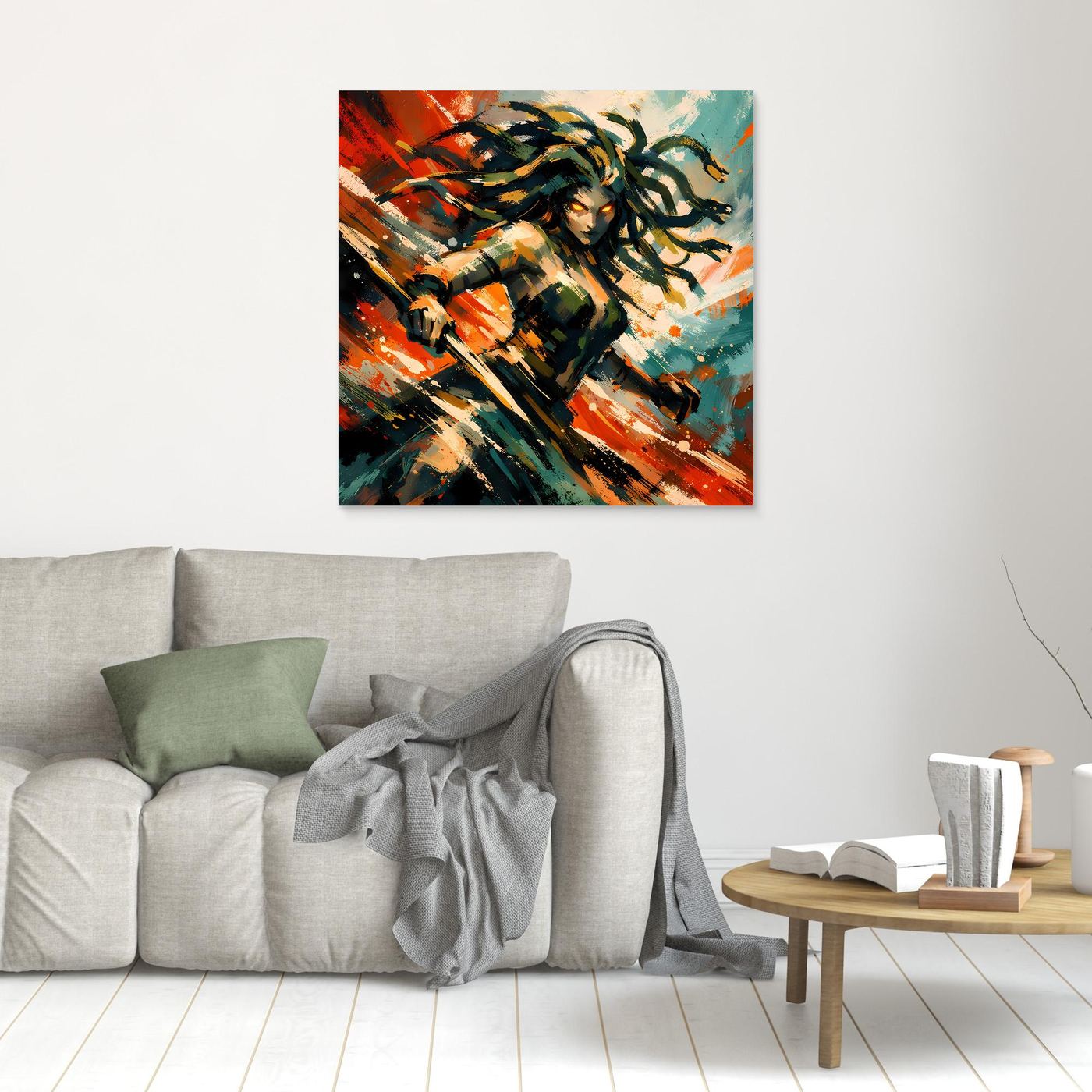 Leinwand Mythische Medusa im Action-Stil | Dynamisches Wandbild auf echter Leinwand